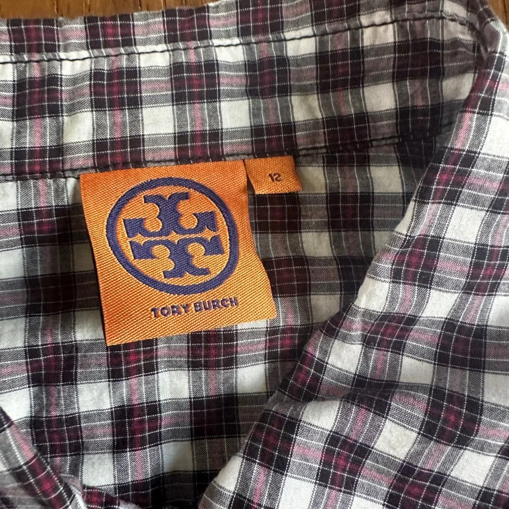 Tory Burch Ruffle Front Blouse Womens 12 Burgundy Plaid Cotton Excellent Preppy